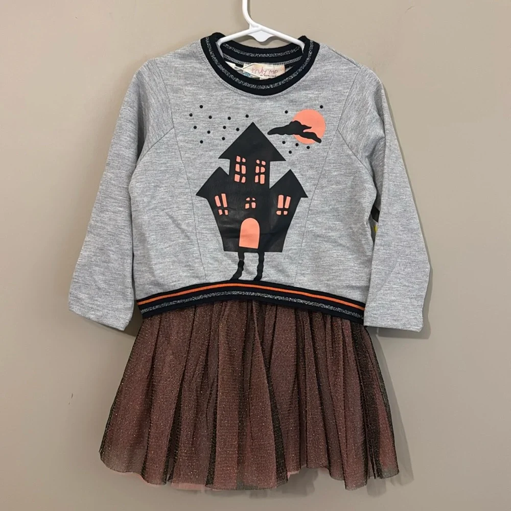 NWT- Truly Me Kids Haunted House long sleeve tutu Dress, Grey multi, 2T